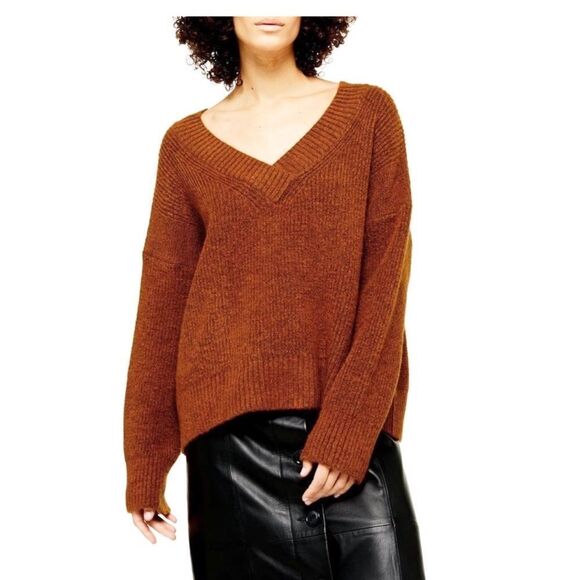 NEW Topshop Rust Orange/ Brown/ pumpkin Knitted Super Soft V Neck
